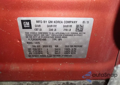 2015 Chevrolet Trax Lt z USA, uszkodzony, nr VIN KL7CJRSB5FB214585